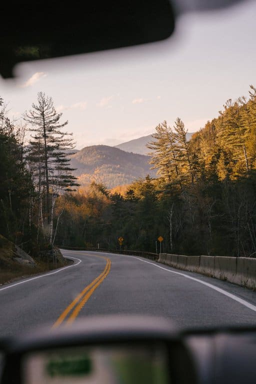 Through windshield glass of empty asphalt road going through forest with lush coniferous trees growing on mountainous countryside on sunny autumn day